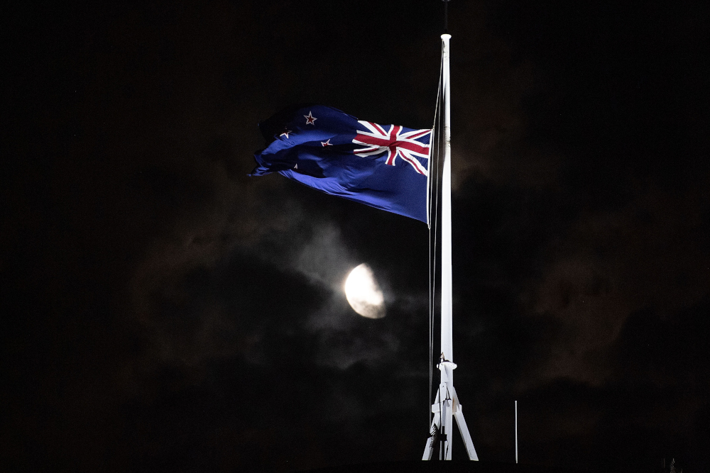The New Zealand national flag is flown at half-mast on a Parliament building in Wellington on March 15, 2019, after a shooting incident in Christchurch. u00e2u20acu201d AFP pic